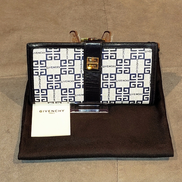 GIVENCHY NAVY BLUE LEATHER & WHITE PVC BI-FOLD SECRETARY LONG WALLET & DUSTBAG - Picture 11 of 15